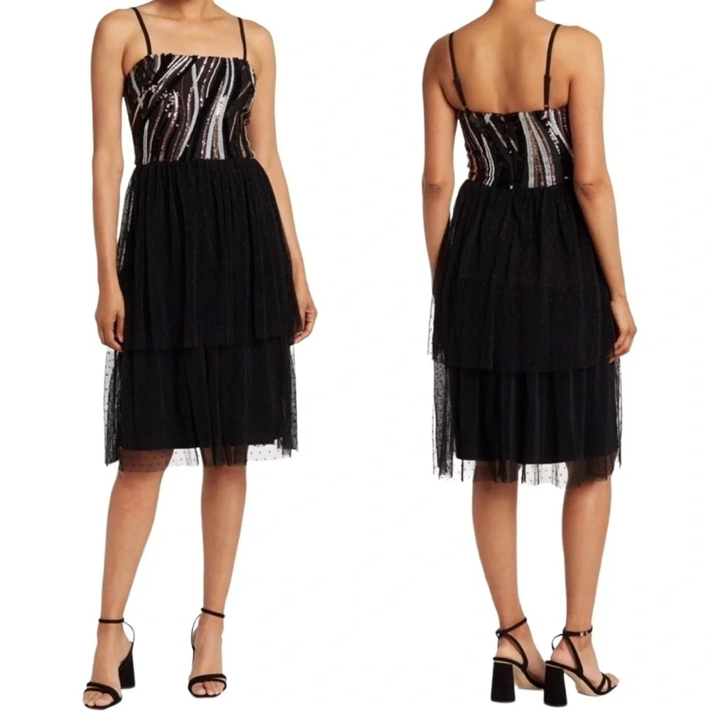 Dress The Population Kady Sequin Tiered Dress Black Size Small Wedding Guest - Picture 1 of 11